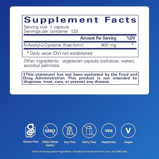 Pure Encapsulations NAC 900 mg - N-Acetyl Cysteine Amino Acid Supplement for Lung &amp Immune Support Liver &amp Antioxidants* - 120 Capsules
