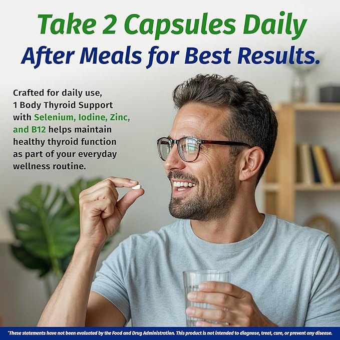 1 Body Thyroid Support Supplement for Women and Men Selenium with Iodine Zinc B12 Ashwagandha and L-Tyrosine Supports Hormone Health Energy and Metabolism 30 Day Supply