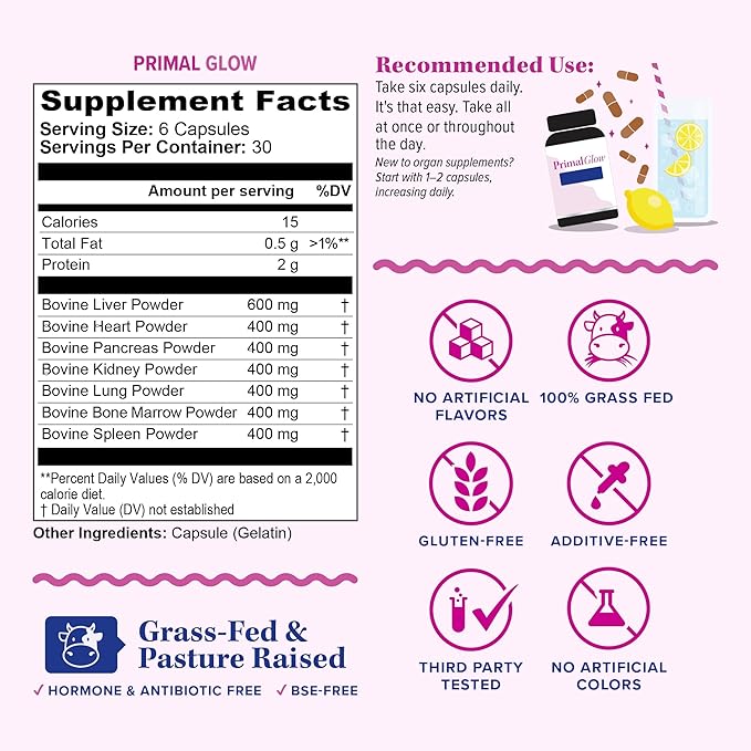 Beef Organ Supplement for Women | Grass-Fed Pasture-Raised New Zealand Bovine | 7 Organ Extracts with Liver Heart Kidney Bone Marrow &amp More Energy Digestion &amp Skin Support Primal Glow 30