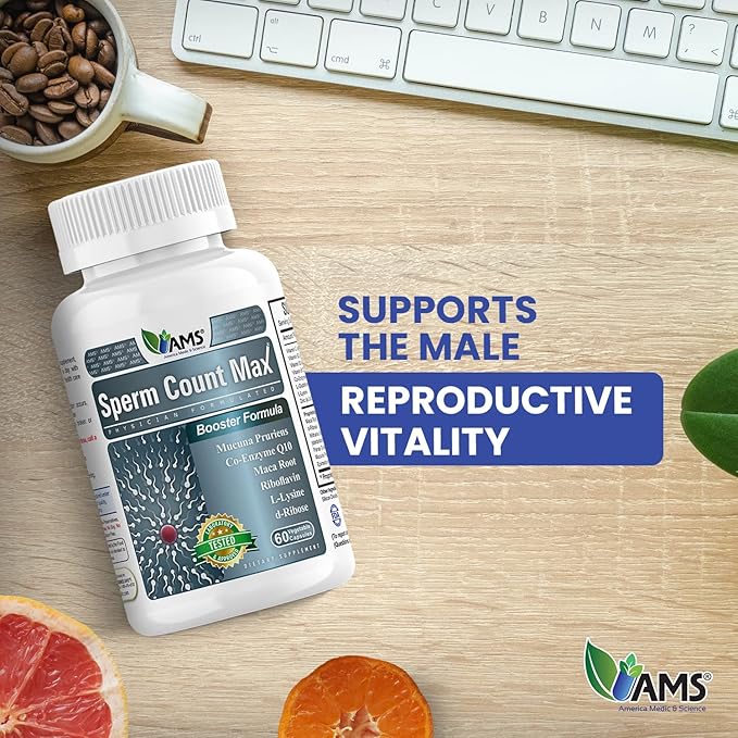 America Medic &amp Science Sperm Count Max (60 Capsules) | Male Fertility Supplement | Enhances Sperm Count and Reproductive Health | Prenatal Vitamins for Men | with Zinc CoQ10 Vitamin C B2 and