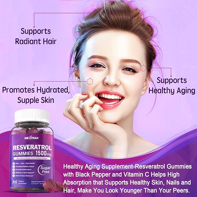 Resveratrol Supplement 1500mg - Resveratrol Gummies Supports NAD⁺ NMN &amp NMNH Synergy with Quercetin Grape Seed Acai Berries Extracts for Antioxidant Healthy Aging &amp longevity Skin Brain