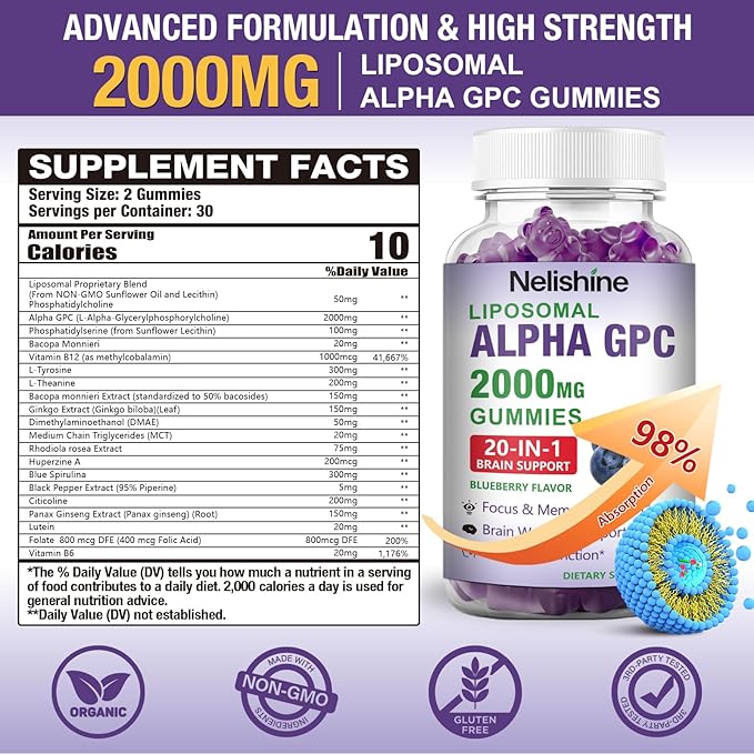 2 Pack Liposomal Alpha GPC 2000mg &amp Citicoline Gummies Complex PhosphatidylserineGinkgo BilobaL-TyrosineHuperzine A &amp B Vitamins20-in-1 Blend for Focus Memory &amp Cognitive Support