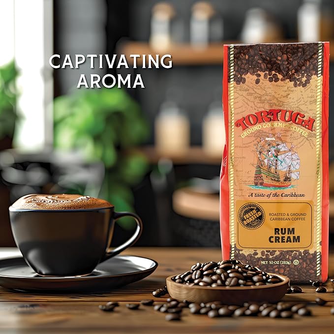 TORTUGA Coffee Caribbean Rum Cream Medium Roast Ground Coffee - Smooth and Balanced 10oz Bag (12 pack)