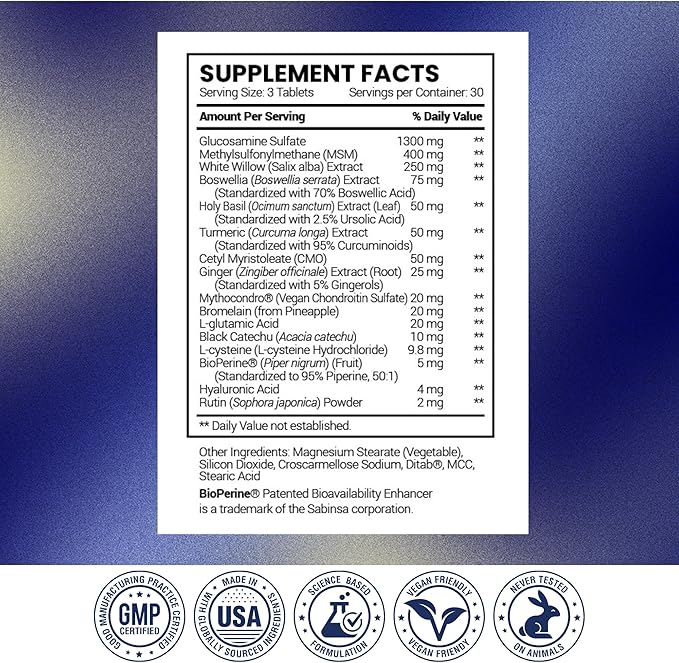 Research Verified Joint Support - Glucosamine MSM Turmeric Boswellia BioPerine - Vegan - 90 Capsules - 1 Month Supply