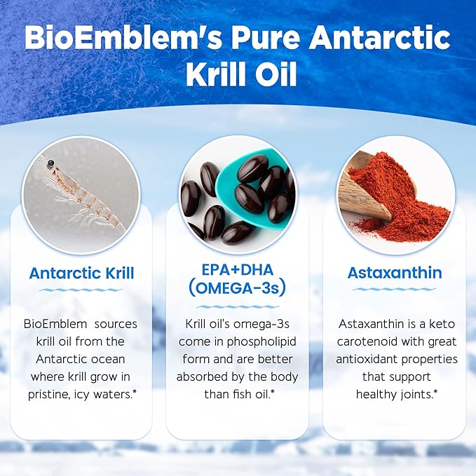 BioEmblem 3 Pack Antarctic Krill Oil 1000mg Softgels Omega-3s Oil with High Levels of EPA + DHA Astaxanthin and Phospholipids Supports Brain Health 180-Count Non-GMO Gluten Free 90 Days Supply