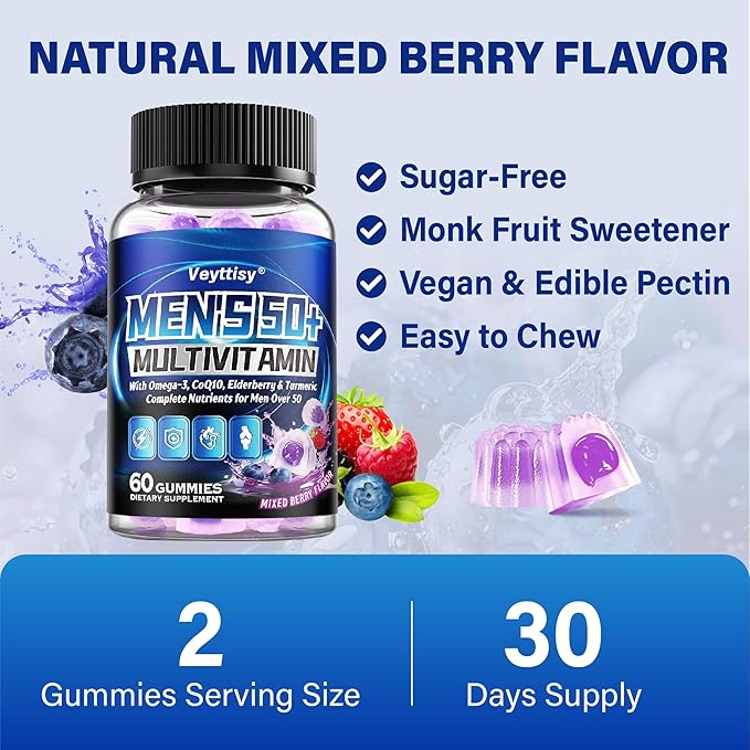 Sugar Free Multivitamin Gummies for Men 50 Plus - Methylated Multivitamin with Omega-3 CoQ10 Elderberry &amp Turmeric for Energy Immune Gut Health Support - Vegan Non-GMO Gluten-Free