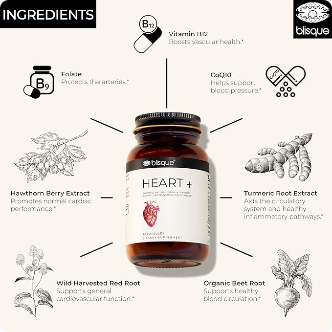Blisque – Natural Blood Pressure Support Supplement for Heart Health and Circulation | Doctor-Approved | with 200 mg CoQ10 Hawthorn Berry Beet Root Turmeric | 90 Capsules