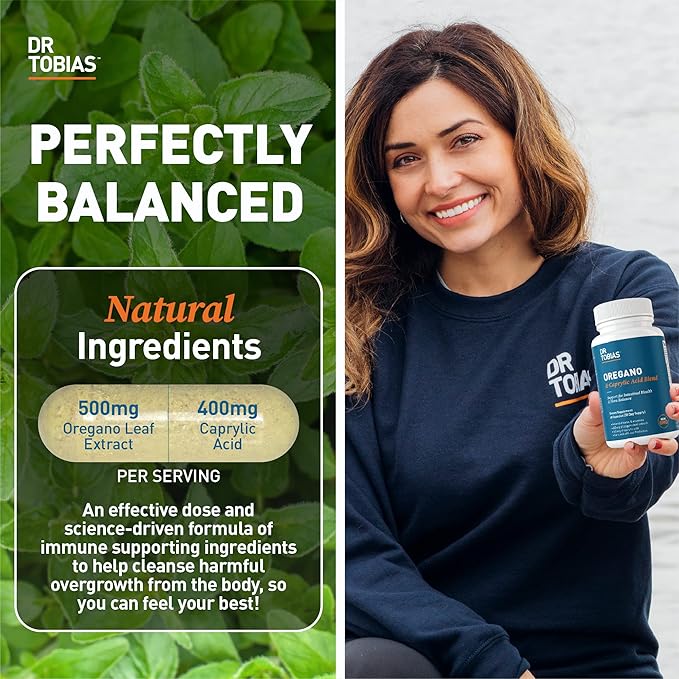 Dr. Tobias Oregano and Caprylic Acid Blend Gut Flora Balance Complex with Probiotics &amp Enzymes for Intestinal and Immune Support Gut Health Supplements for Women &amp Men 60 Capsules 30 Servi