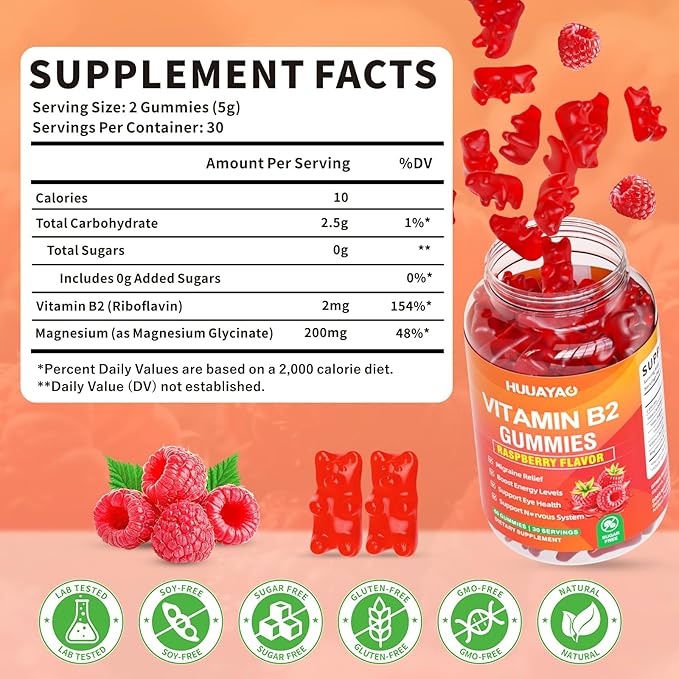 Vitamin B2 Gummies Riboflavin Supplement with Magnesium for Kids &amp Adults B2 Gummies for Migraine Relief &amp Nervous System Support Vegan Sugar-Free Raspberry Flavor 120 Count