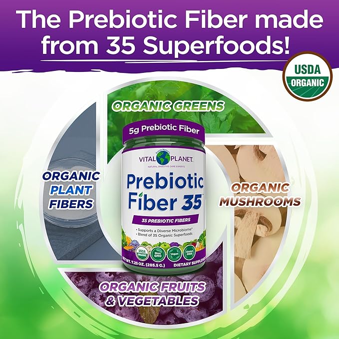 Vital Planet - Fiber 35 Powder Diverse Fiber Supplement for Dietary Support and Occasional Constipation with 35 Prebiotic Fibers and 35 Organic Superfoods to Maintain Bowel Regularity 6.77 oz