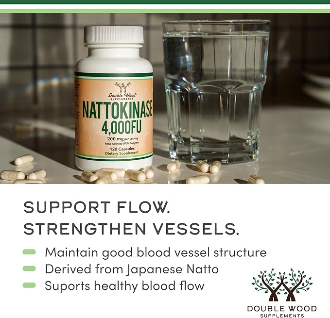 Nattokinase Supplement 4000 FU Servings 120 Capsules (Derived from Japanese Natto) Systemic Enzymes for Cardiovascular and Circulatory Support by Double Wood (Pack of 2)