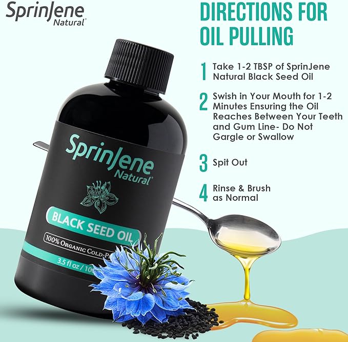 SprinJene Natural® 100% Pure Organic Black Seed Oil Cold Pressed for Oral Wellness Nigella Sativa Black Seed Oil Black Cumin Seed Oil Organic Omega 3 6 9 Nourishes Skin Supports Joint 3.5fl 2pk