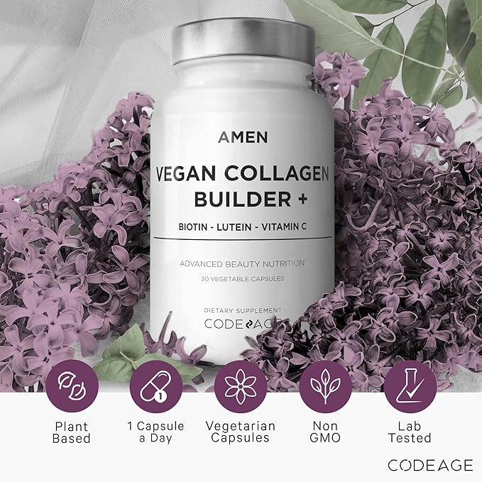 Amen Plant-Based Vegan Collagen Builder Supplement - Organic Whole Foods Lutein Vitamin C Biotin Lysine Proline Collagen Boosters - Organic Cranberry Lemon Strawberry - Once A Day - 30 Capsules