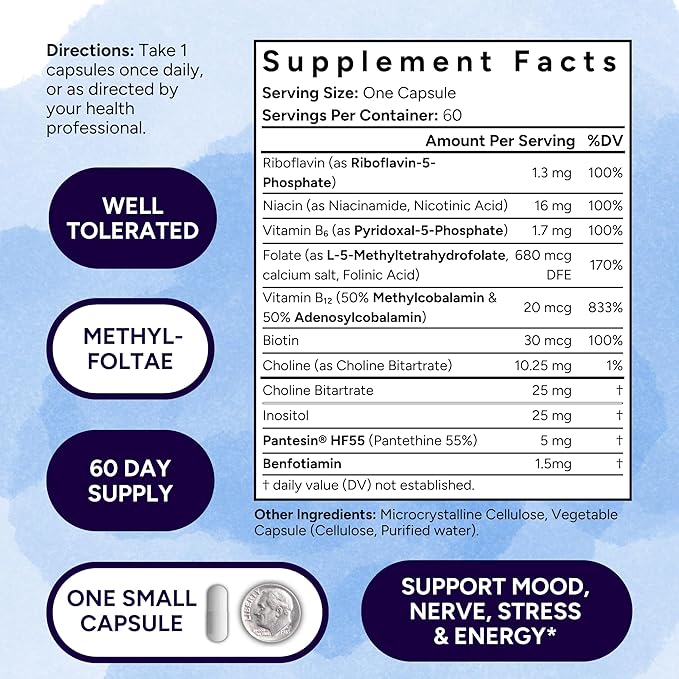 Low Dose B-Complex - 60 Capsules - Complete Daily Support - Well Tolerated Easy to Swallow - Supports Energy &amp Wellness