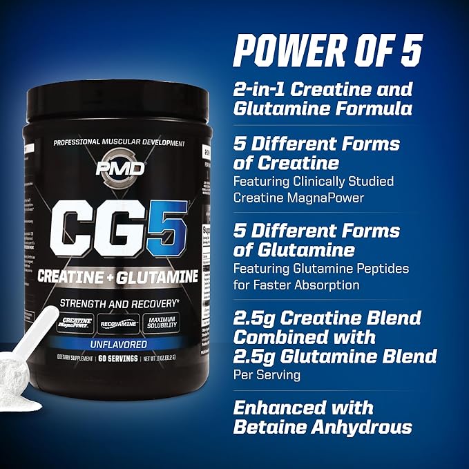 PMD Sports CG5 Premium Creatine &amp L Glutamine Powder Power Recovery Build Lean Muscle Increase Workout Performance Maximum Strength Pre Workout &amp Post Workout Unflavored 60 Servings