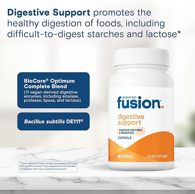 Bariatric Fusion Digestive Support: Digestive Enzymes with Probiotics | Vegan Supplement | Probiotics for Digestive Health and Gut Health Support | Gluten Dairy &amp GMO Free | 60 Capsules