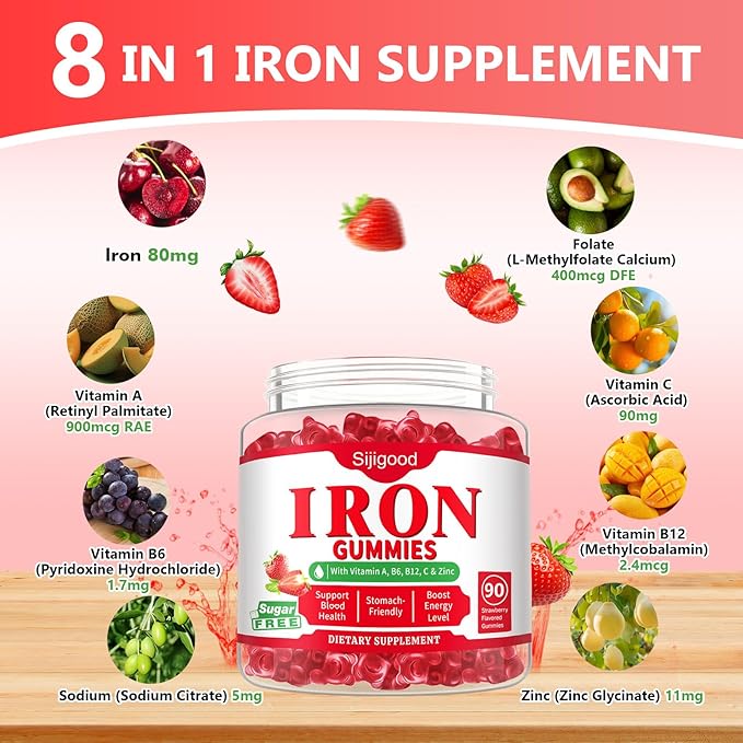 90 Count | Iron Supplement for Women Men &amp Kids Iron Gummies for Iron Deficiency &amp Anemia with Vitamin C B6 B12Folate-Iron Supplement Support Bl♡♡d Oxygen &amp Energy Boost VeganNon-GMO