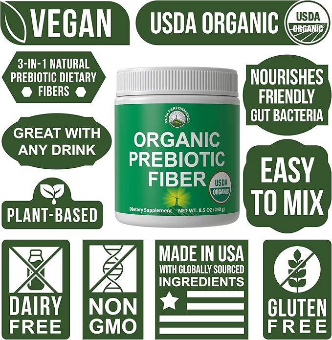 USDA Organic Prebiotic Fiber 3-in-1 Vegan Powder for Gut Health - Raw Whole Food Plant Based Prebiotics Digestive Supplement with Inulin (Jerusalem Artichoke) Acacia Fibers SunFiber 240g