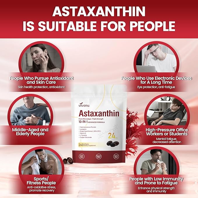 10 in 1 Astaxanthin Supplements 24mg 8 Month Supply Astaxantina Antioxidant from Haematococcus Pluvialis Contains Lycopene Grape Seed Vitamin E &amp More Supports Eye Joints Skin Health 2 Ba