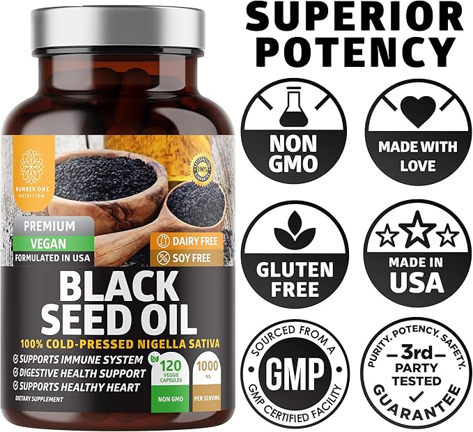 Number One Nutrition N1N Premium Black Seed Oil [Max Strength 1000 mg] 100% Cold-Pressed Nigela Sativa to Support Digestion Immune System and Joint Comfort and Mobility 120 Caps (Pack of 2)