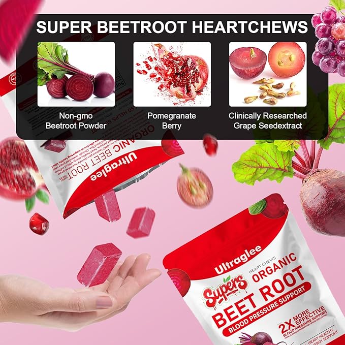 Beet ChewsBeetsroot Heart Nitric Oxide Support Soft Beets Heart ChewsGrape Seed Extract &ampBeet Root Powder Energy Supplement60 (Pomegranate Berry Flavor)