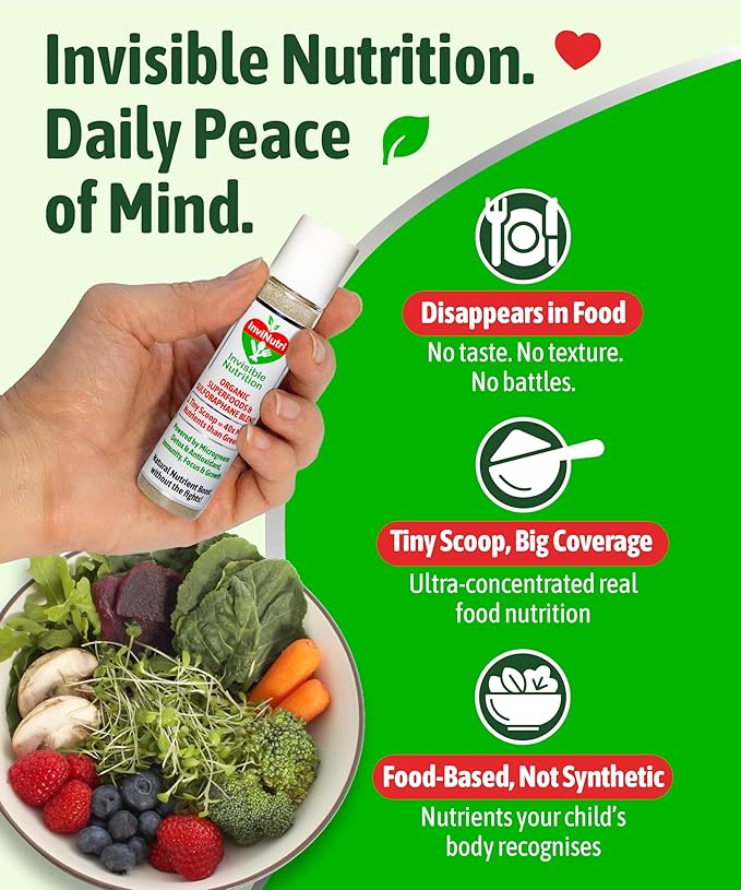 InviNutri Superfood Powder for Sensory &amp Picky Eaters. A TINY scoop- 40x Nutrient-Rich 30mg Sulforaphane for Detox. Organic Microgreens Fruits &amp Veggies - Blends Invisibly into Most Meals -
