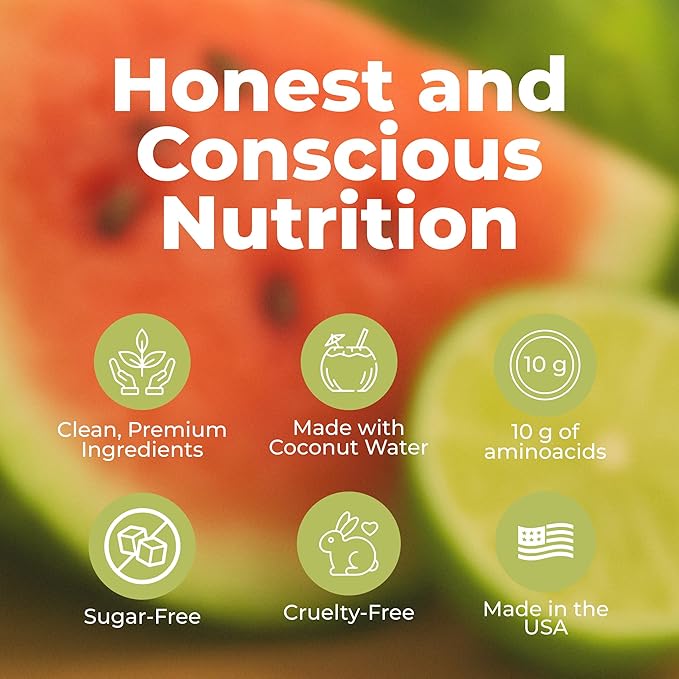 About Time BCAA Hydration Powder Watermelon Lime with L-Glutamine &amp Electrolytes Non-GMO Gluten Free Monk Fruit Coconut Water 20 Servings