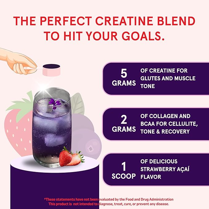 Peach Perfect Creatine Blend for Women – Micronized Creatine Monohydrate with BCAA &amp Collagen for Glute Strength Support – Strawberry Acai – 30 Servings