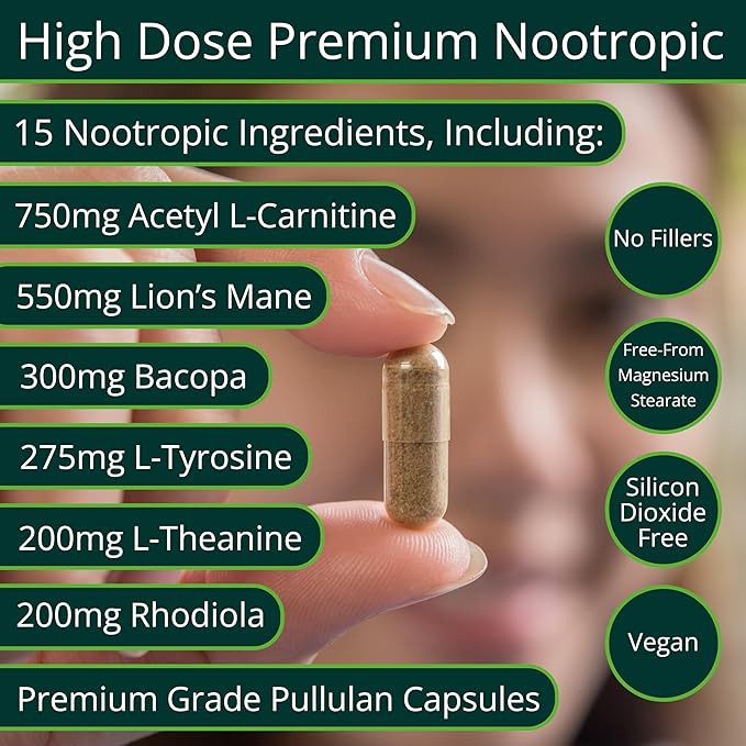 Brain Supplement (120 Capsules) | Memory Mental Clarity Focus Cognitive Performance | Nootropic Supplement with L-Theanine Acetyl L-Carnitine Phosphatidylserine Lion's Mane &amp More