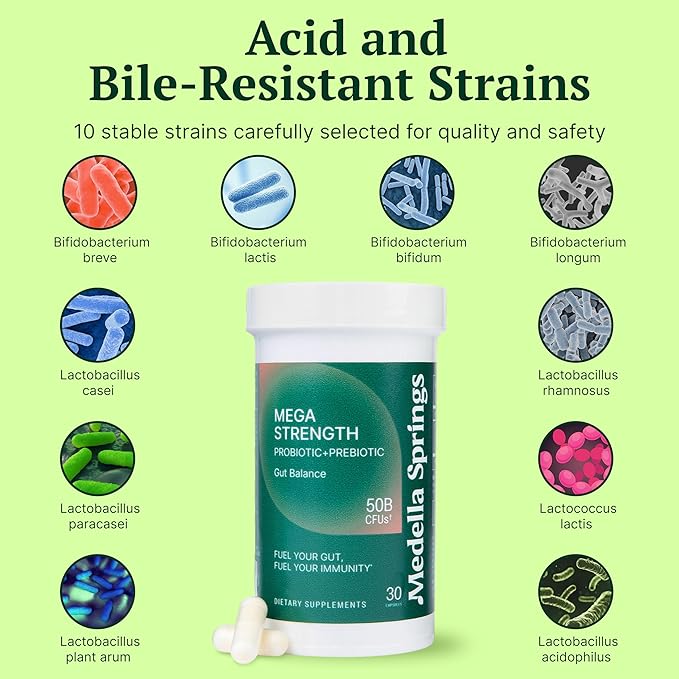 Mega-Strain 50 Billion CFU Probiotics + Prebiotics 30 Caps Probiotics for Women &amp Men - Maintain Good Flora Probiotic &amp Digestive Health - No Refrigeration Required Probiotics Lactobacillus Rh