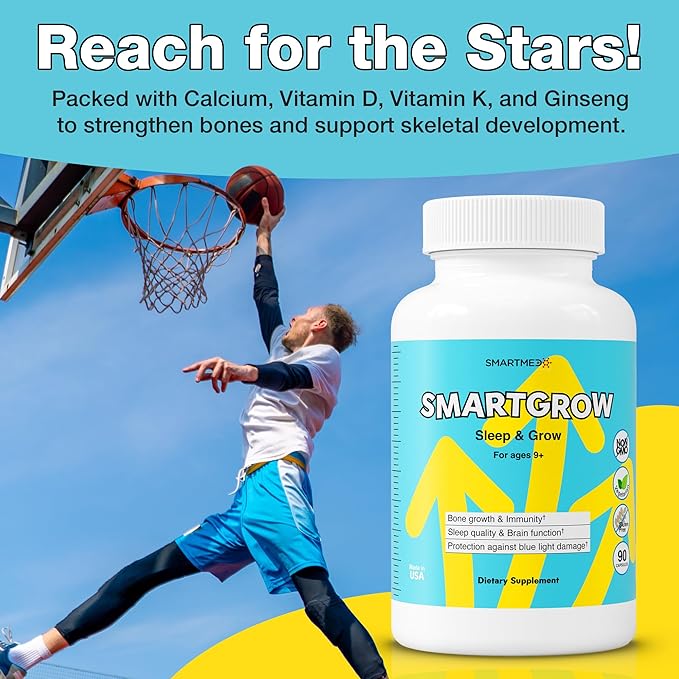 SmartGrow Premium Growth Formula for Teens – Bone Brain Sleep &amp Eye Support – Calcium Vitamin D3 Amino Acids – Daily Wellness Supplement (180 Capsules) – 3 Month Supply