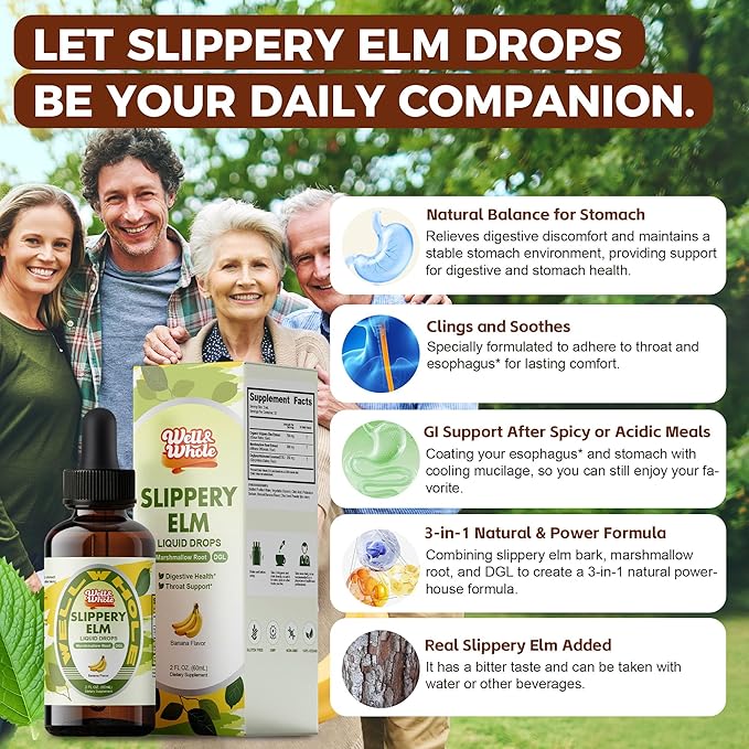 Slippery Elm Liquid Drops Marshmallow Root Slippery Elm Bark Tincture with DGL Licorice Extract Digestive Health Soothing Throat Support &amp Stomach Comfort Vegan 60ML