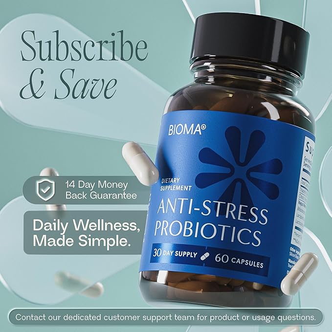 BIOMA Anti-Stress Probiotics – 3-in-1 Gut-Brain Axis Support for Stress Relief &amp Mood – Prebiotics Postbiotics &amp Clinically Studied Strains – Vagus Nerve Serotonin &amp Digestive Support –