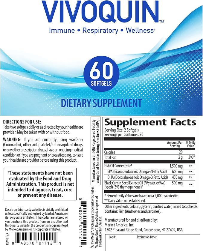 Vivoquin™ Wellness Support Gel Capsules with Omega-3 Fatty Acids - Clinically Studied for a Well-Balanced System Respiratory Health and Internal Function – by Market America (60 Capsules)