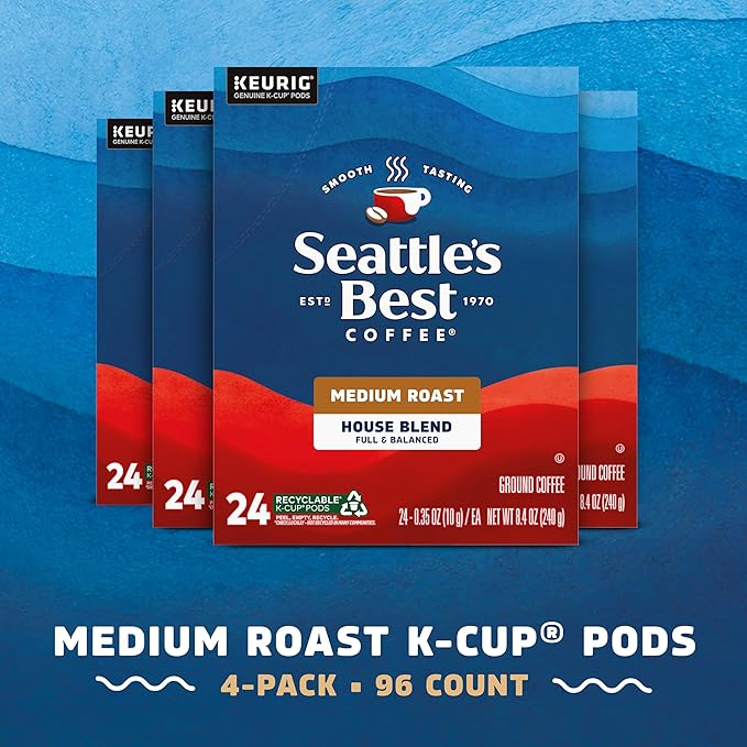 Seattle’s Best Coffee Medium Roast K-Cup Coffee Pods House Blend 100% Arabica 4 Boxes (96 Pods Total)