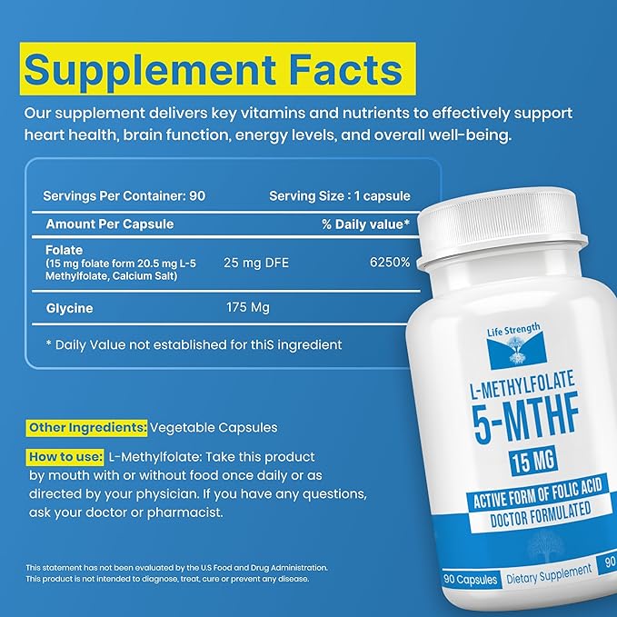 L Methylfolate 15mg | 90 Capsules | Optimized &amp Highly Bioactive Methyl Folate Supplement | 5-MTHF Supports for Energy Focus &amp Mood | Non-GMO Gluten Free Vegan | 3 Month Supply