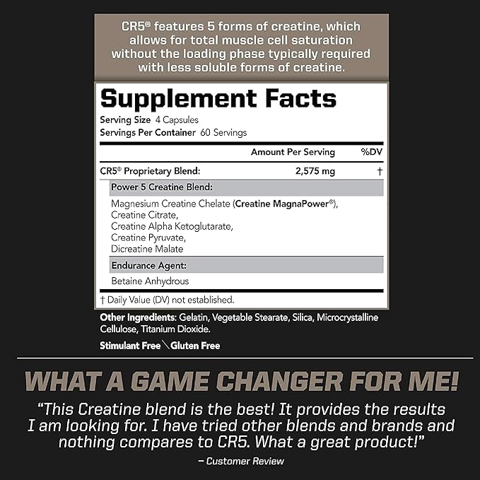 PMD Sports CR5 Professional Creatine Complex - Improved Recovery Reduce Soreness Lean Muscle Mass Gainer - Power 5 Creatine Blend for Strength Endurance and Recovery (240 Creatine Capsules)