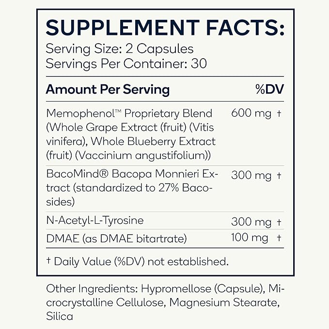 Focus - Premium Cognitive Enhancement Supplement with Natural Nootropics - Memophenol Bacopa &amp DMAE - 60 Veggie Capsules (Focus)