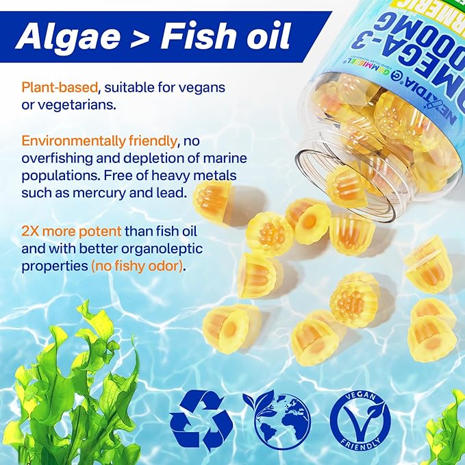 Vegan Omega-3 Gummies 1000mg + Turmeric - Omega 3 Fish Oil Alternative for Adults - Algae DHA 600mg &amp EPA 300mg Vitamins A C E Zinc &amp MSM Sugar Free 60 Cts