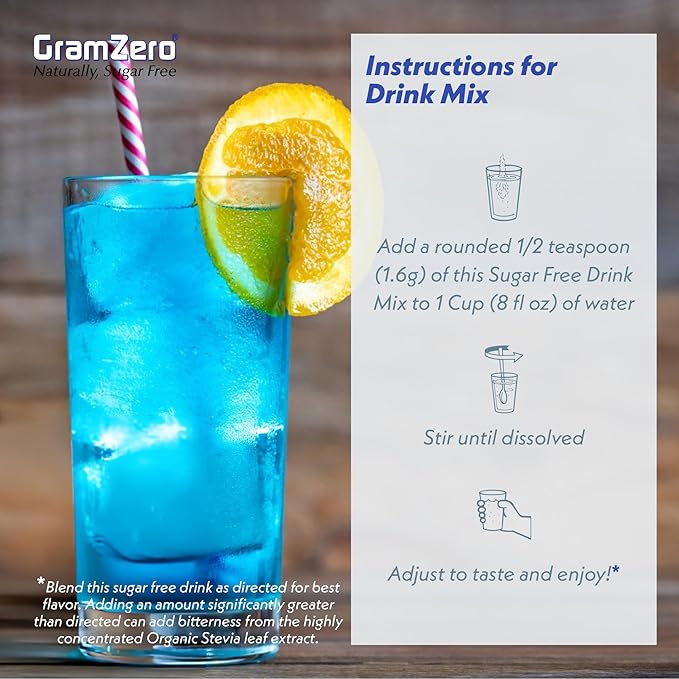 GramZero All Natural Blue Raspberry Zero Calorie Sugar Free Drink Mix Great For Nutrition Club Loaded Tea Stevia Sweetened