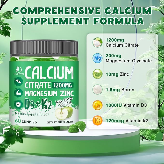 Calcium Citrate 1200 mg with Vitamin D3 Gummies Calcium Citrate Magnesium Zinc with Vitamin D3 Supplement for Women &amp Men Bone &amp Teeth Support Natural Apple Flavor - 30 Day Vegan Supply