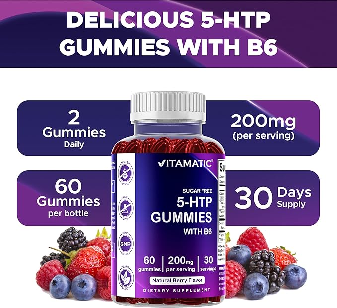 Vitamatic Sugar Free 5-HTP 200mg Gummies with B6 – 60 Pectin-Based Gummies – Mood Support &amp Stress Relief- 2 Pack