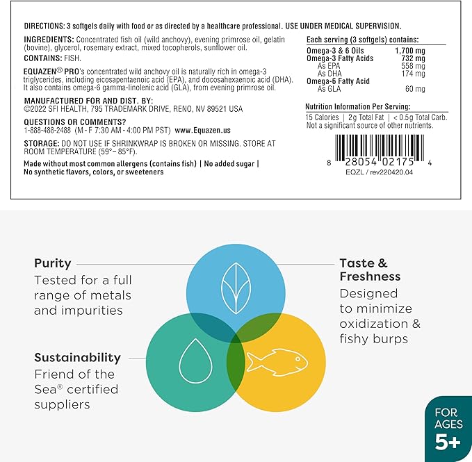 Equazen Pro SFI Health Fish Oil Softgels - Omega 3 &amp Omega 6 for Kids &amp Teens - EPA GLA &amp DHA for Kids Mood Memory &amp Focus Support - Optimized for Bioavailability &amp Absorption (6