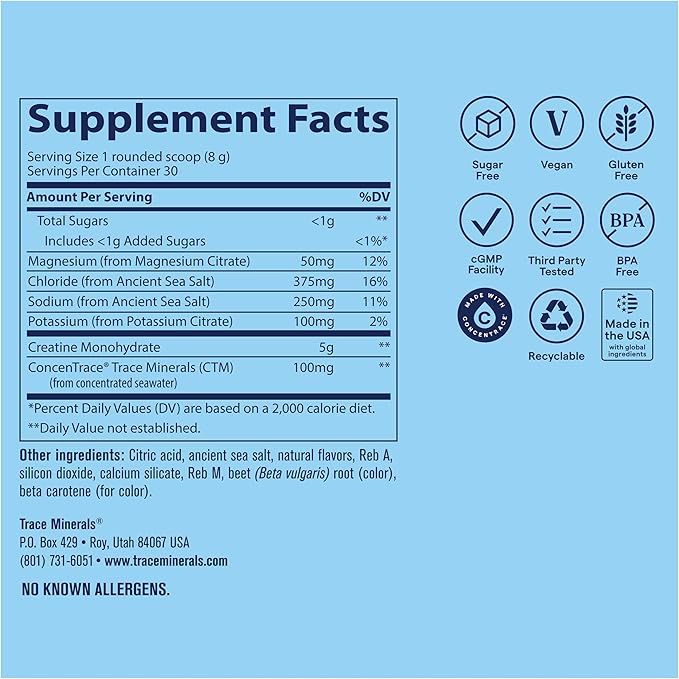 Trace Minerals Creatine + Electrolytes – Creatine &amp Mineral Powder for Peak Performance &amp Optimal Hydration – Supports Brain Muscles &amp Endurance – 5 g Creatine – Orange Mango – 30 Servin