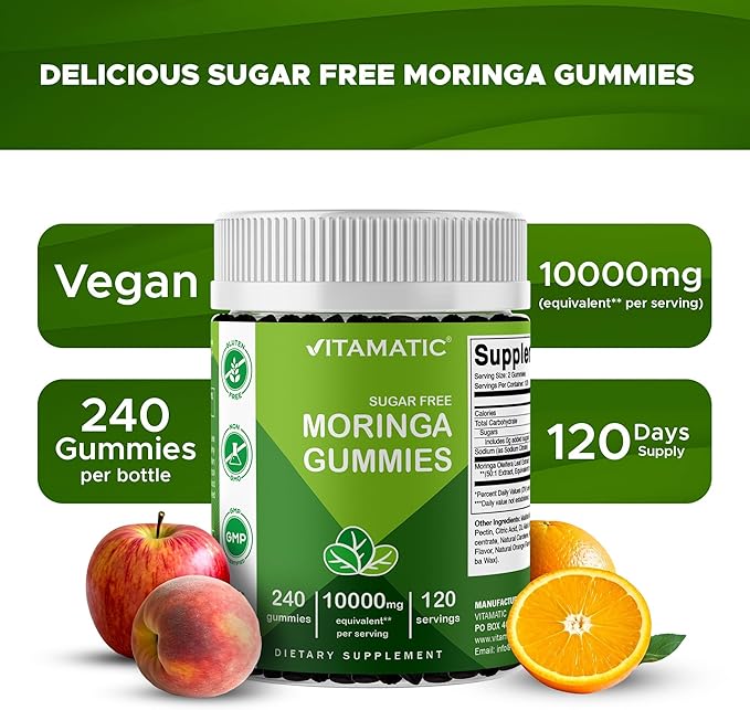 Vitamatic Moringa Gummies – Sugar-Free 50:1 Plant-Based Extract – Green Superfood – Pectin-Based Vegan Non-GMO – 240 Gummies