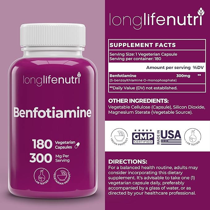 LongLifeNutri Benfotiamine 300mg – 180 Vegetarian Capsules 6-Month Supply Fat-Soluble B1 Thiamine Supplement for Energy and Wellness Lab Tested Made in USA