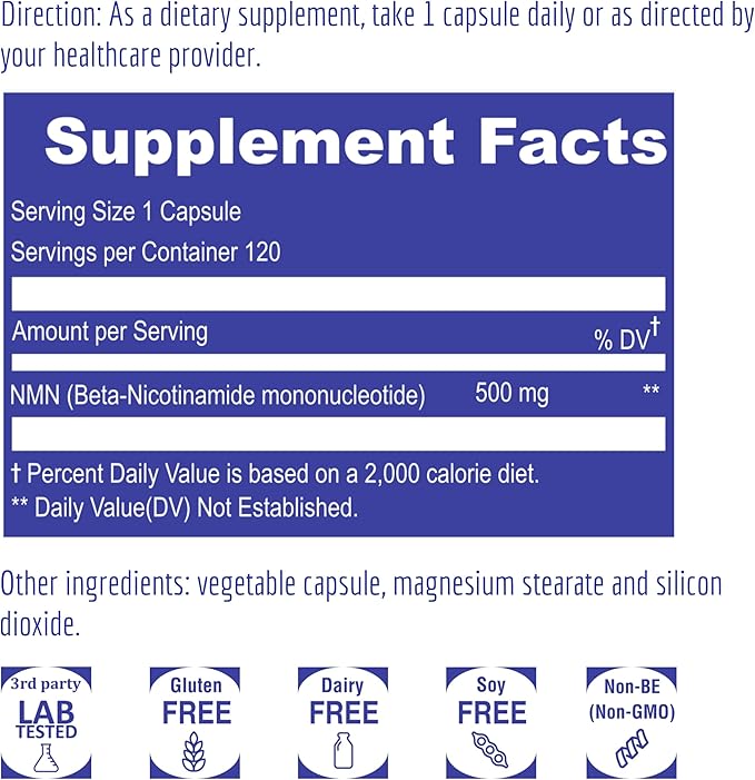 UpNourish NMN 500mg 120 Capsules - Beta Nicotinamide Mononucleotide NAD Supplement - Nicotinamide Riboside Alternative for Women &amp Men