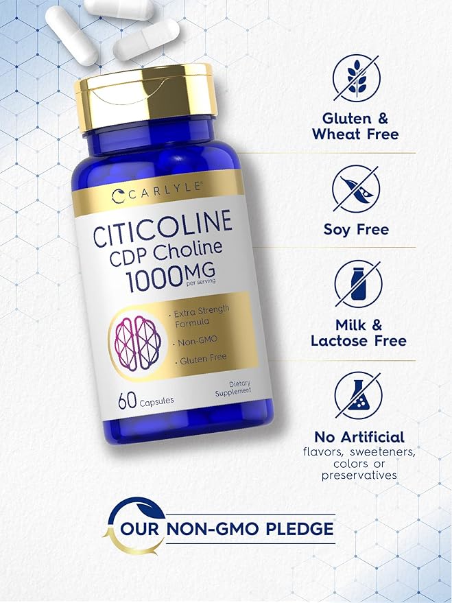Carlyle Citicoline CDP Choline 1000mg | 60 Capsules | Extra Strength Formula | Non-GMO Gluten Free Supplement
