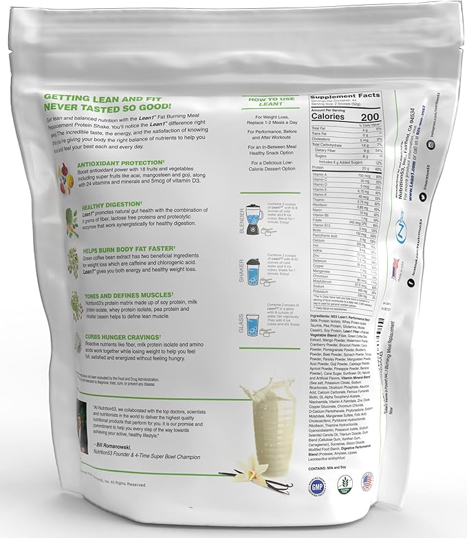 Lean1 Vanilla Meal Replacement Protein Shake 44 Servings in a 5lb Bag