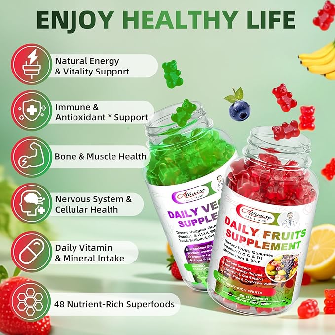 Sugar-Free Fruits &amp Veggies Gummies Super Greens with 23 Fruits &amp 25 Veggies Multivitamin Minerals &amp Fiber Vegan Fruit &amp Vegetable Supplement for Adults 120 Gummies 2 Month Supply